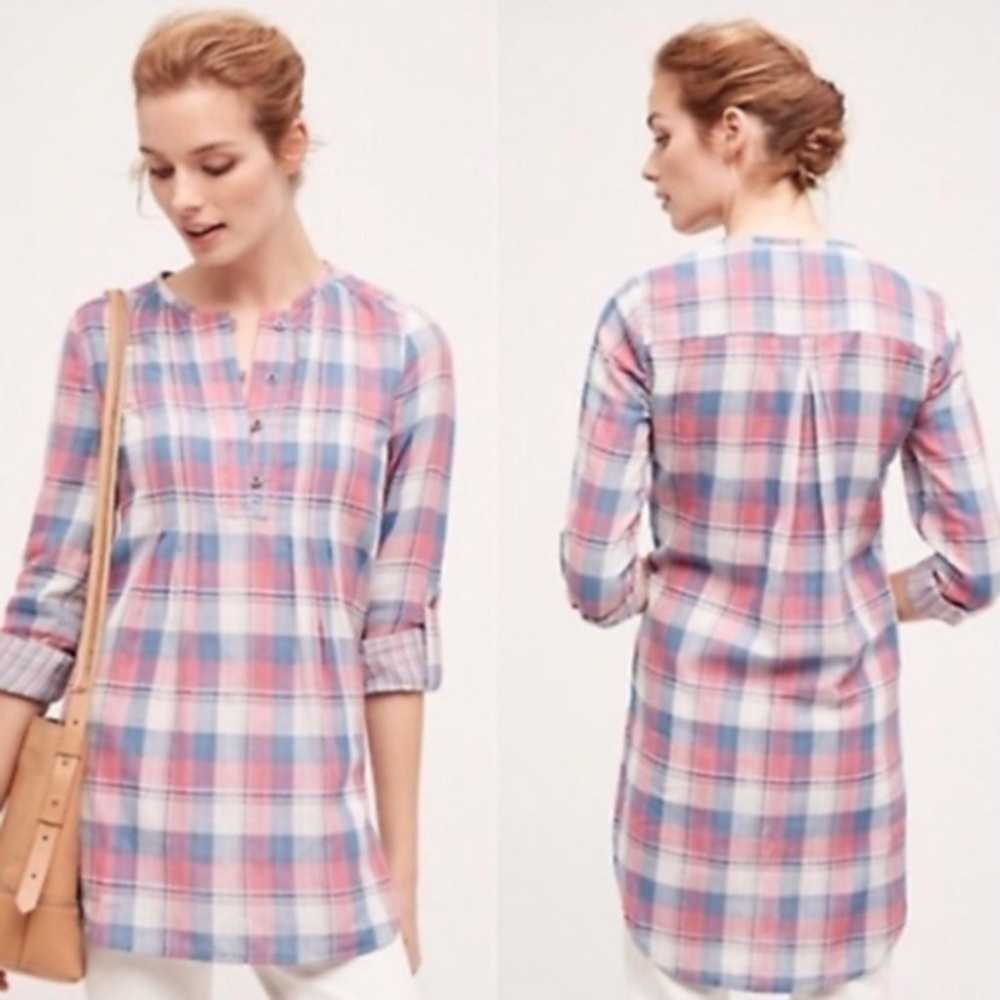 Anthropologie Holding Horses Plaid Pink Blue Gauze Long SleeveTunic Top size 4/S